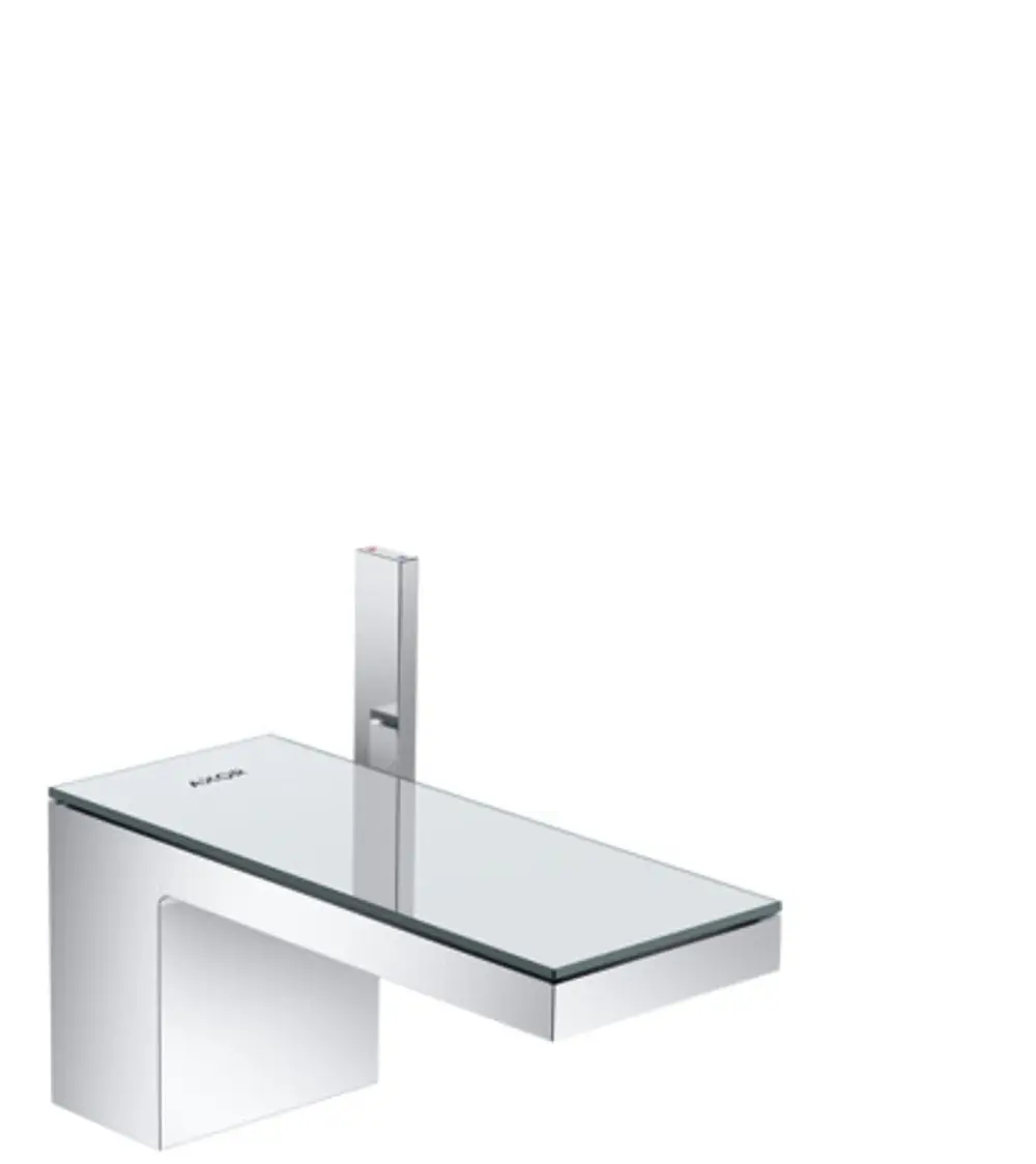 Waschtischmischer in Chrom mit Glasoberfläche, ausgestattet mit einem Hebel und einer Push-Open Ablaufgarnitur, entworfen von AXOR.